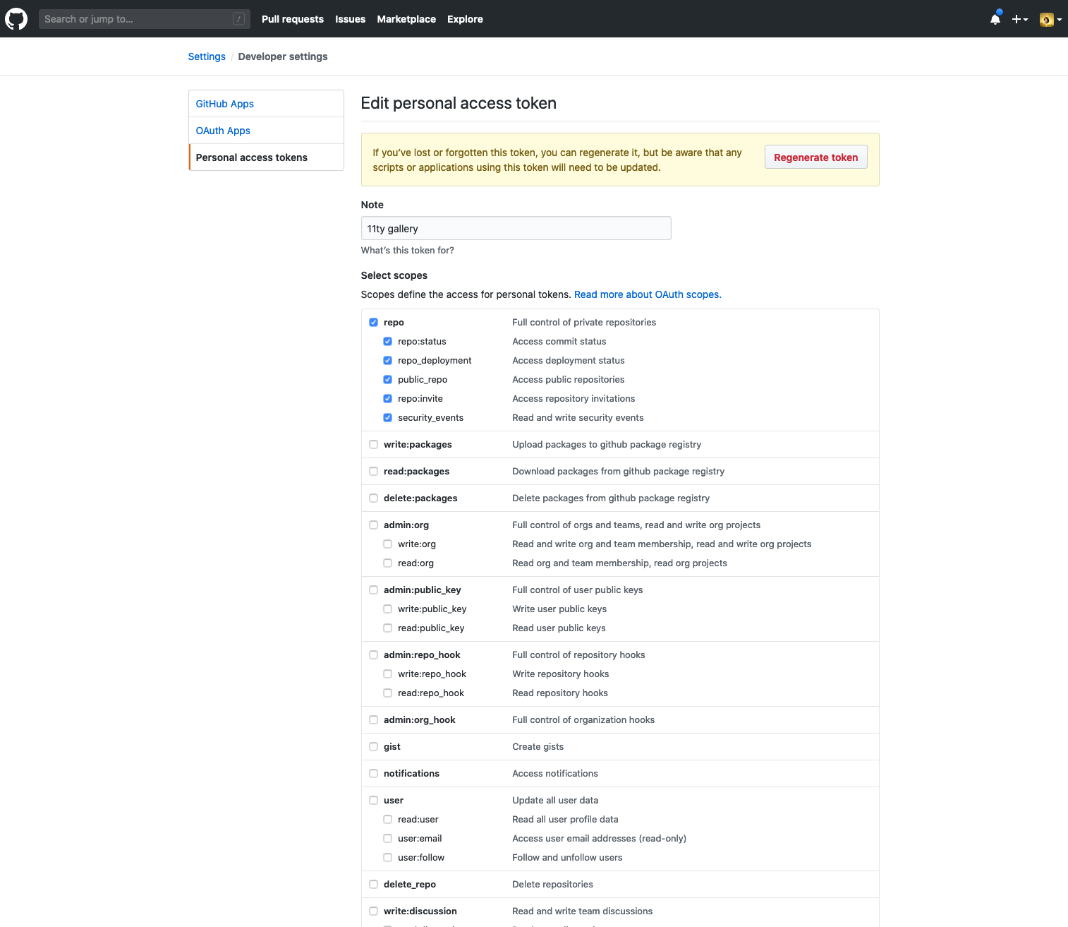 Head over to your GitHub Developer settings to create a new personal access token and give it the repo scope. You’ll use this token to authenticate when you hit the dispatch endpoint. 