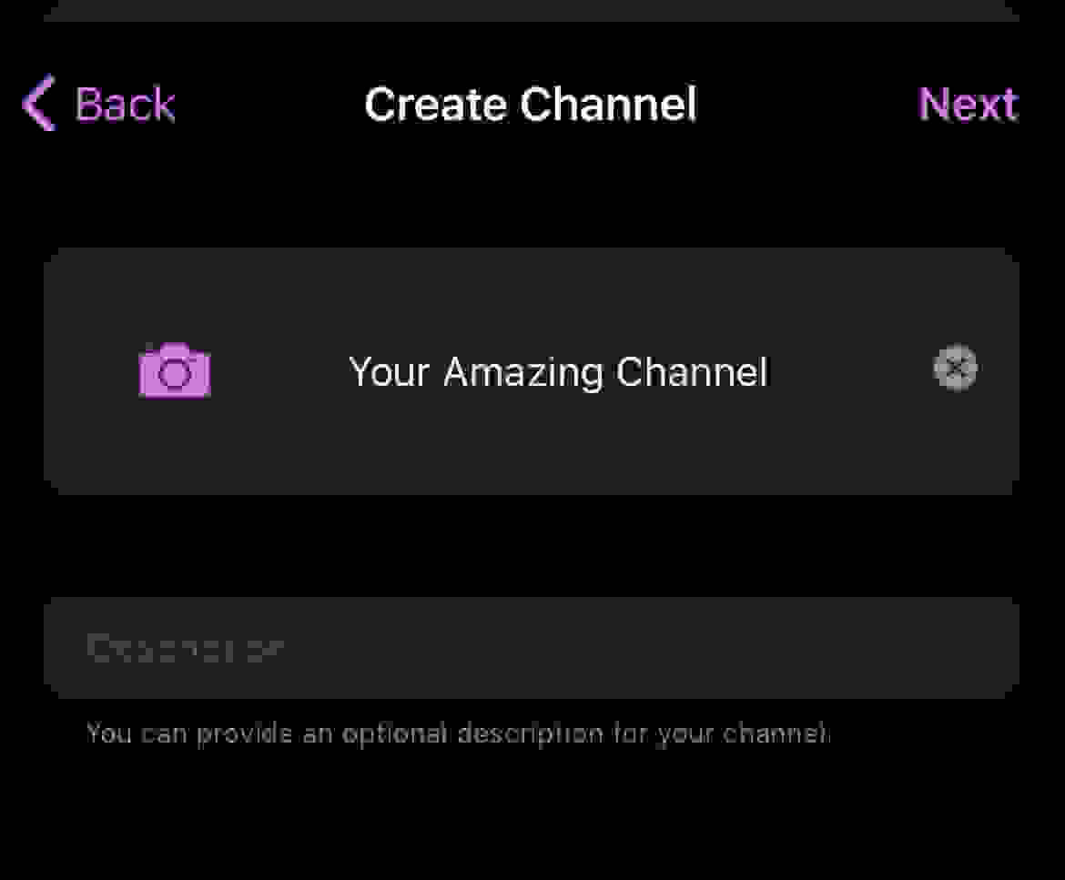 Give a name to your channel (you can add a picture and a description too) and click Next.