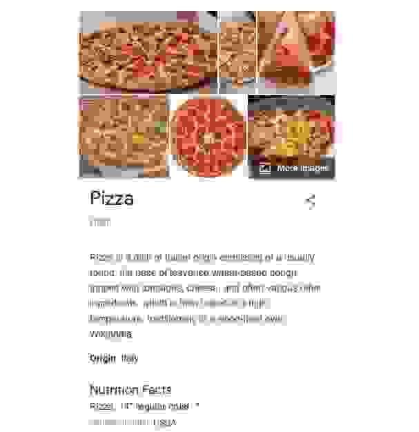 Rich search results for pizza