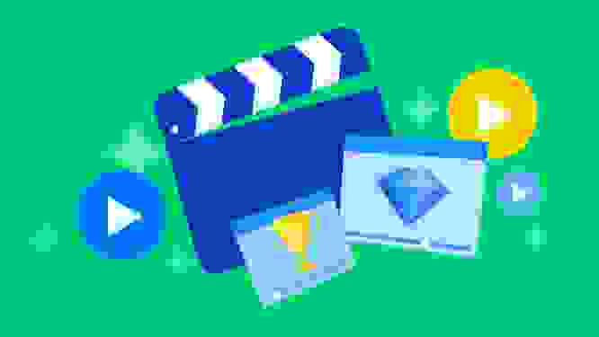 Illustration of movie clapper board and video screens showing diamonds and trophies