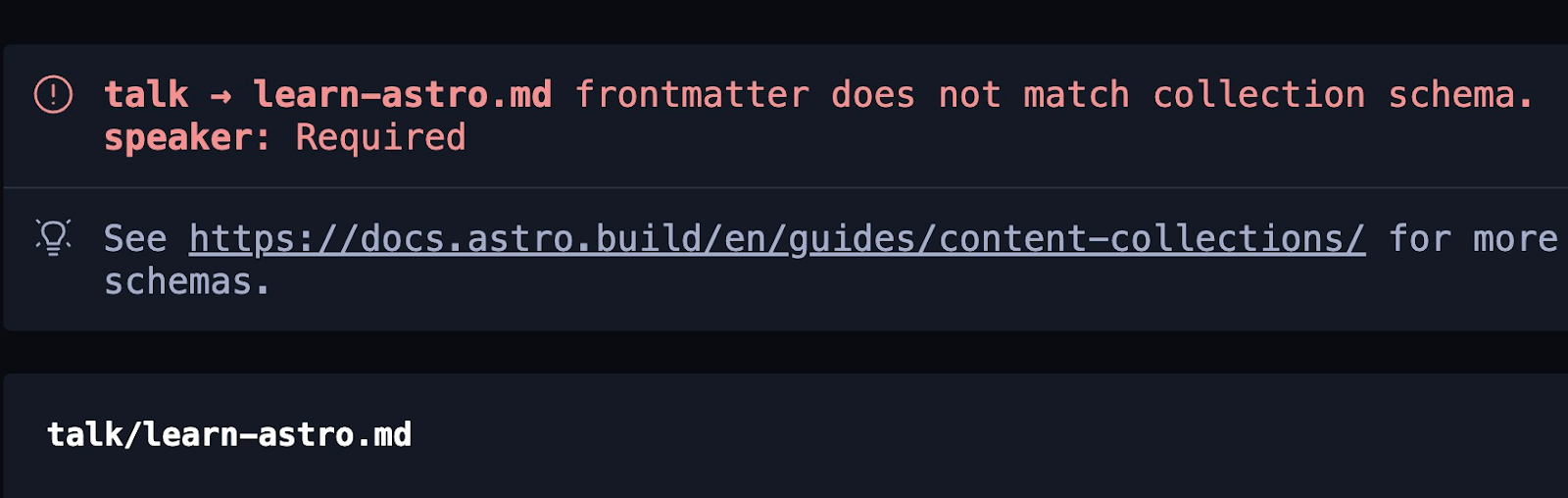 Now, if you forget to add a speaker to your talk's markdown, Astro will tell you and show you a (helpful!) error message: 
