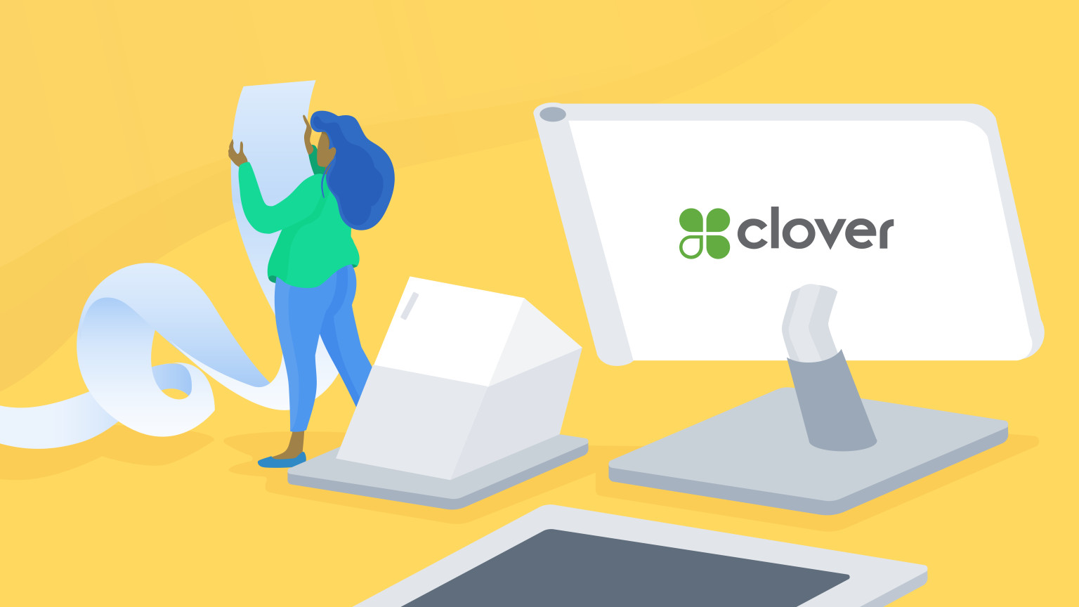 Blog header, illustration of person using a clover device 