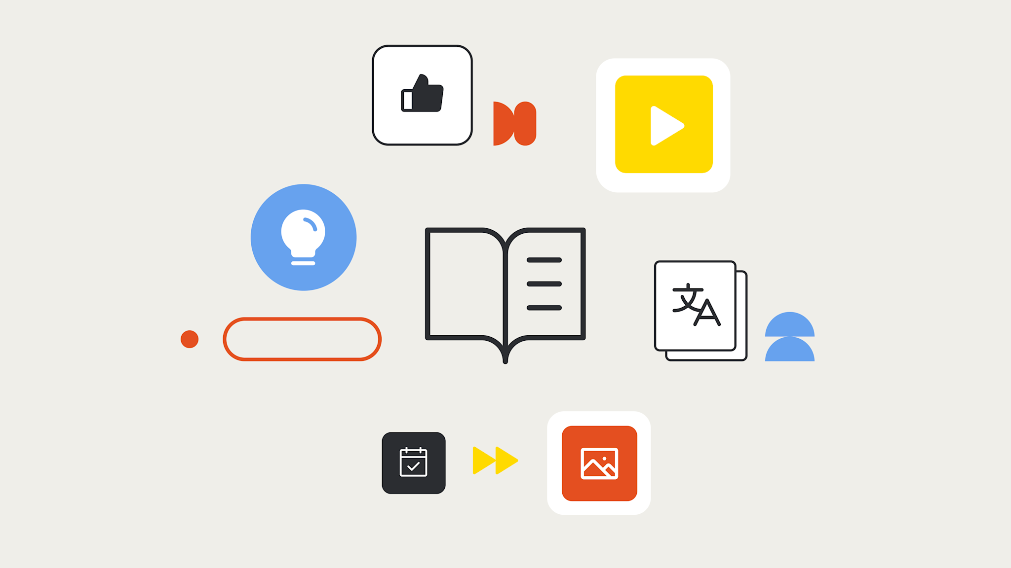 Collection of minimalist icons including lightbulb, book, translation, video player, and calendar symbols on light gray background