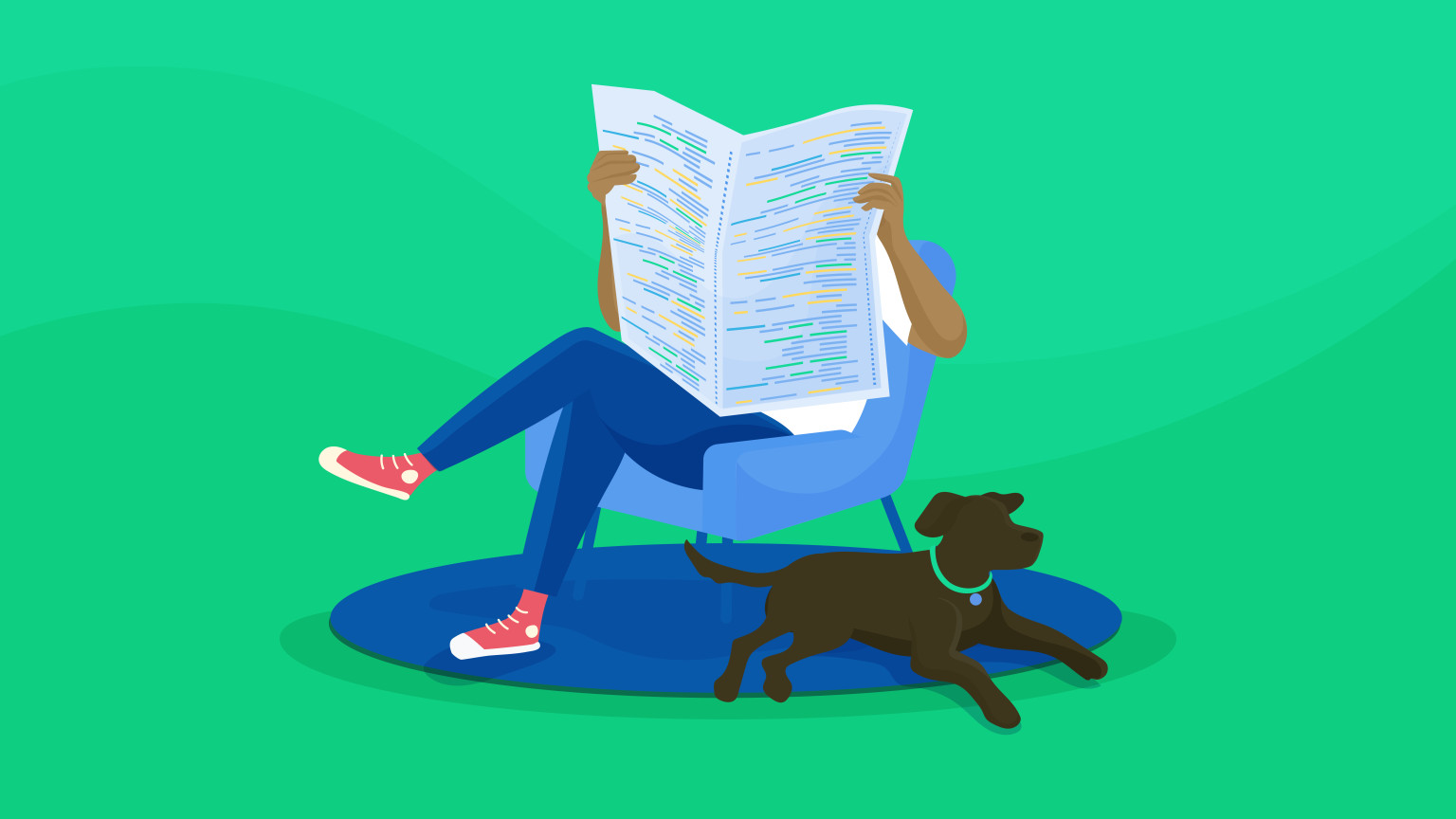 An illustration of a person sitting with a newspaper with code written on its cover, a dog sitting at their heels.