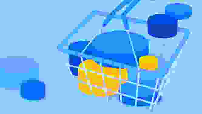 An illustration of a shopping basket filled with abstract shapes representing how microservices architecture unites content and ecommerce