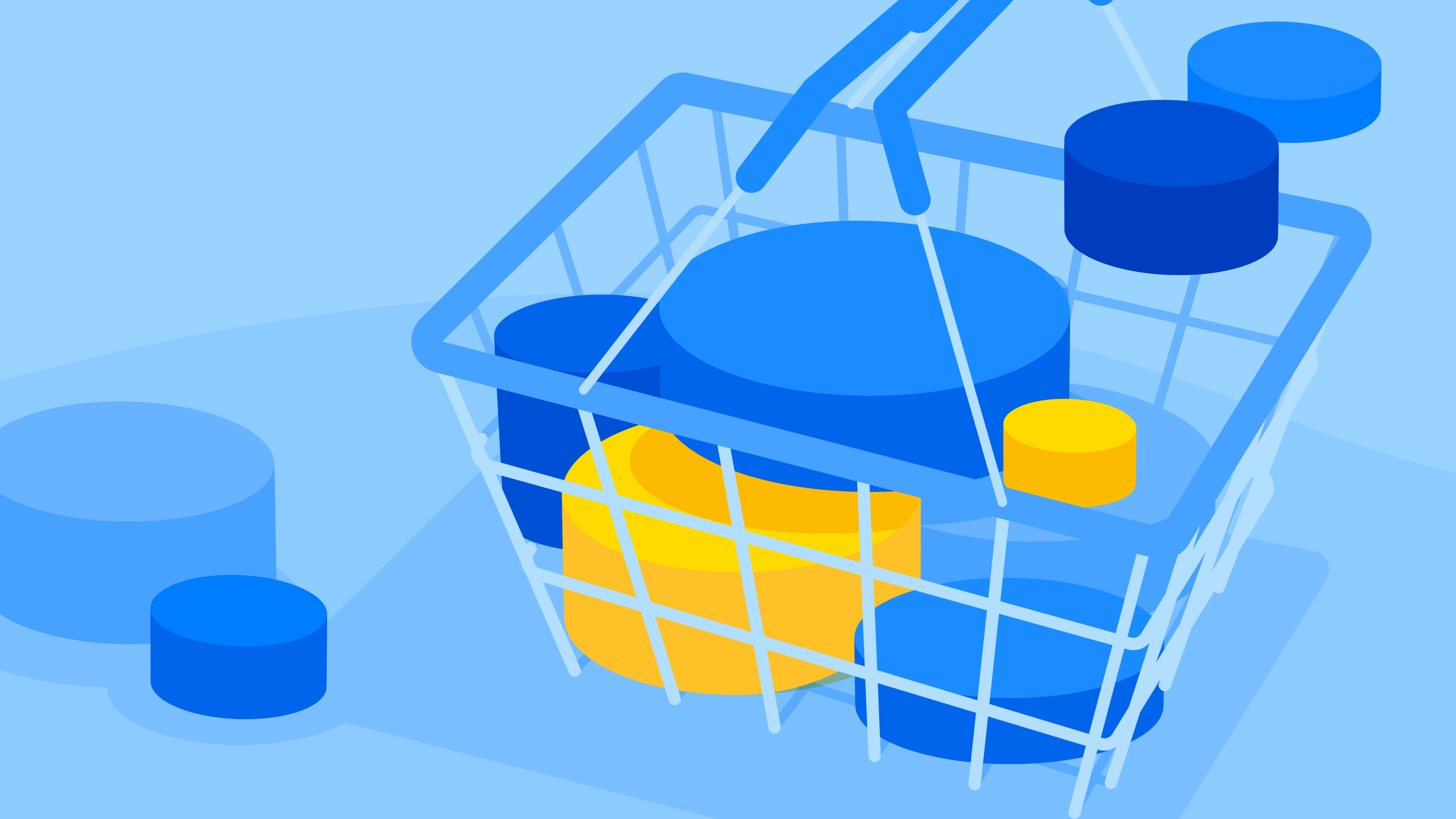 An illustration of a shopping basket filled with abstract shapes representing how microservices architecture unites content and ecommerce