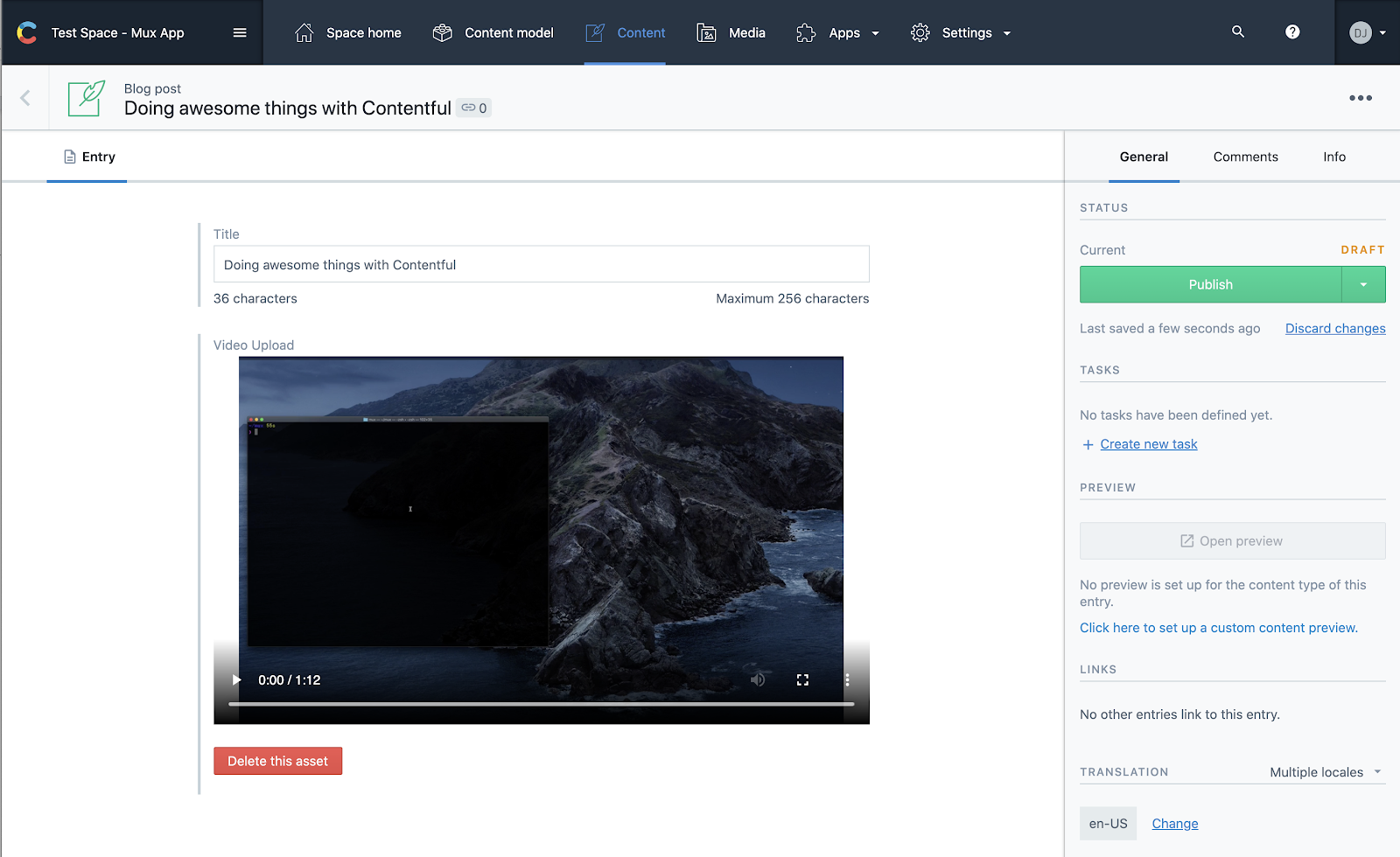 Video playable in Contentful Mux