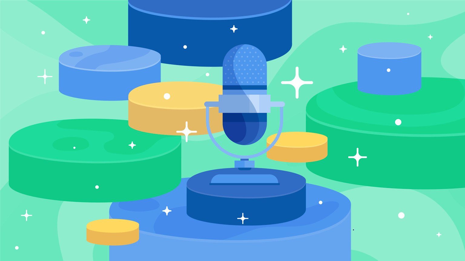 A microphone surrounded by sparkles and stacks, how to start a podcast