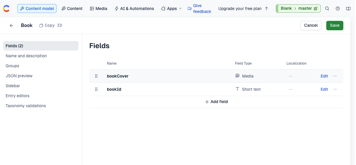 Screenshot of the completed Content model page in Contentful