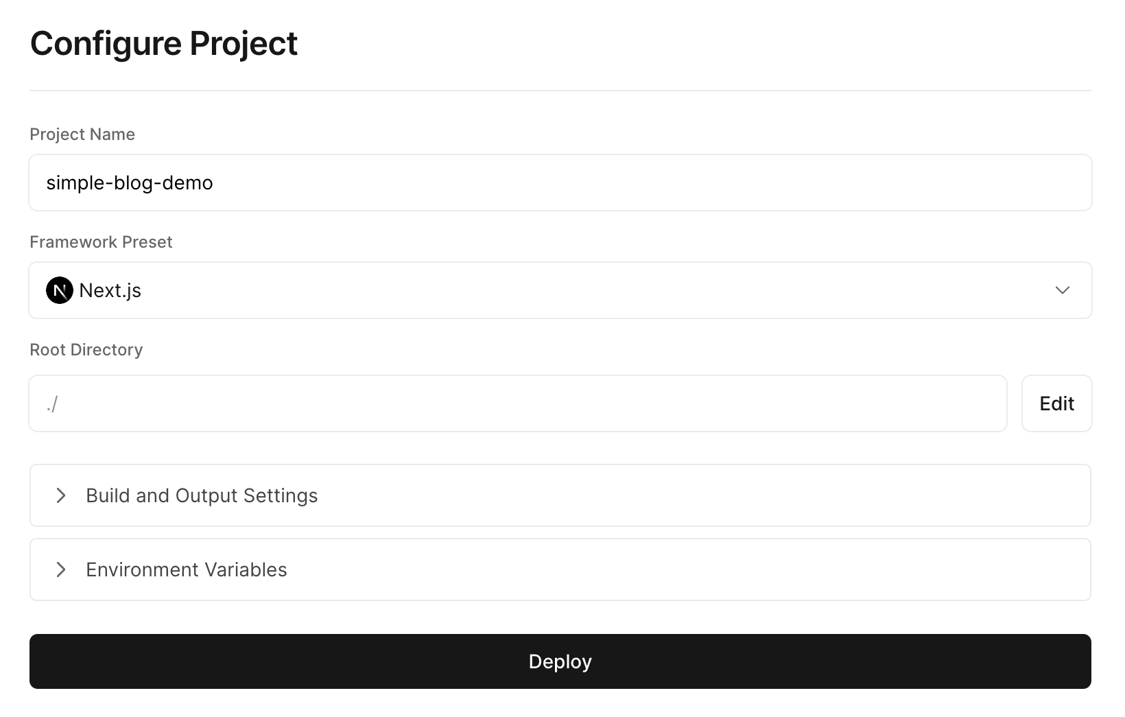 After the import is done, all we have to do is to click Deploy in the Configure Project panel.
