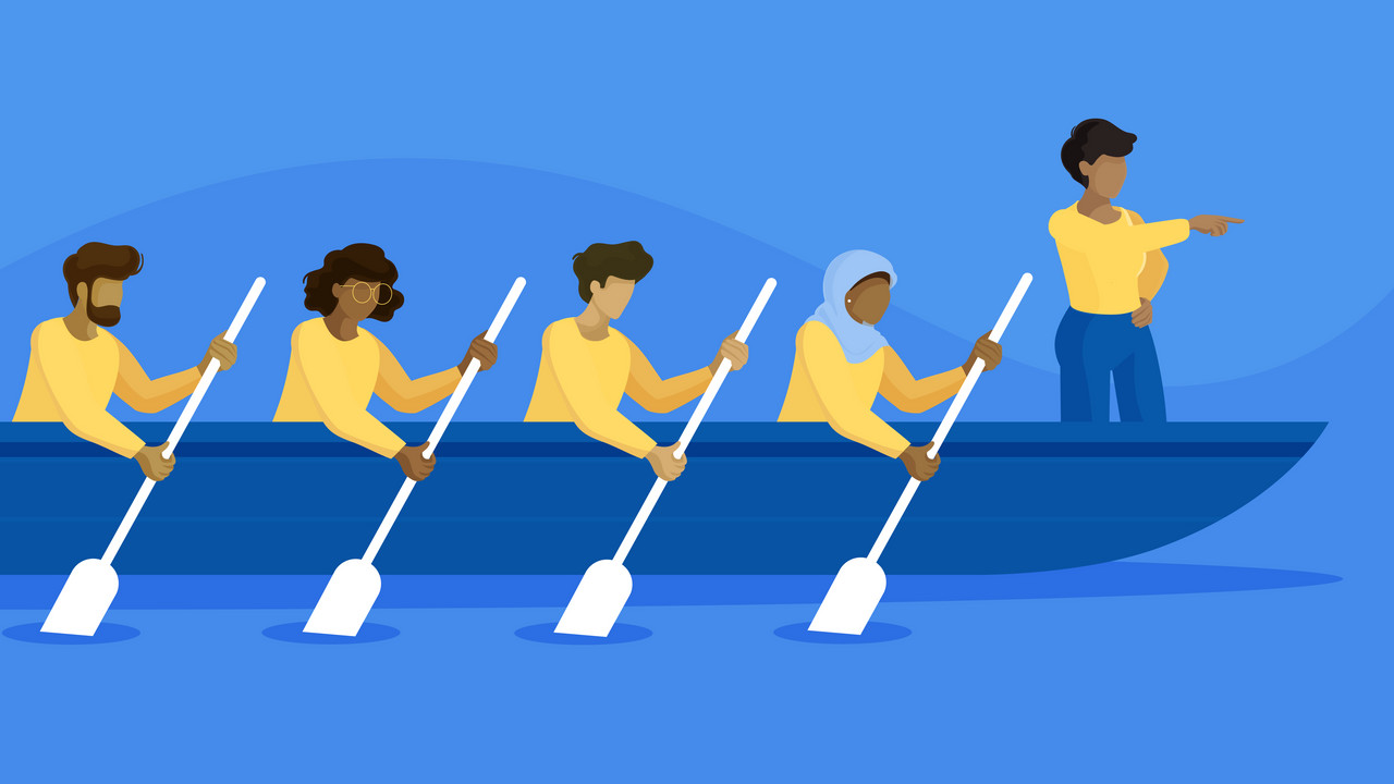 Illustration of people rowing a boat, with a leader pointing the way, symbolizing an agile team and the agile pilot