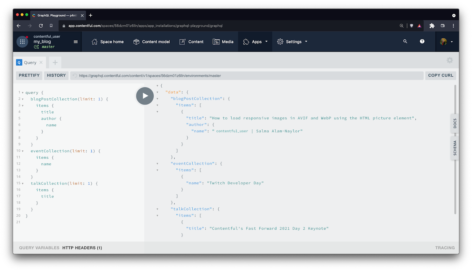 The Contentful GraphQL Playground showing an example query and its result.