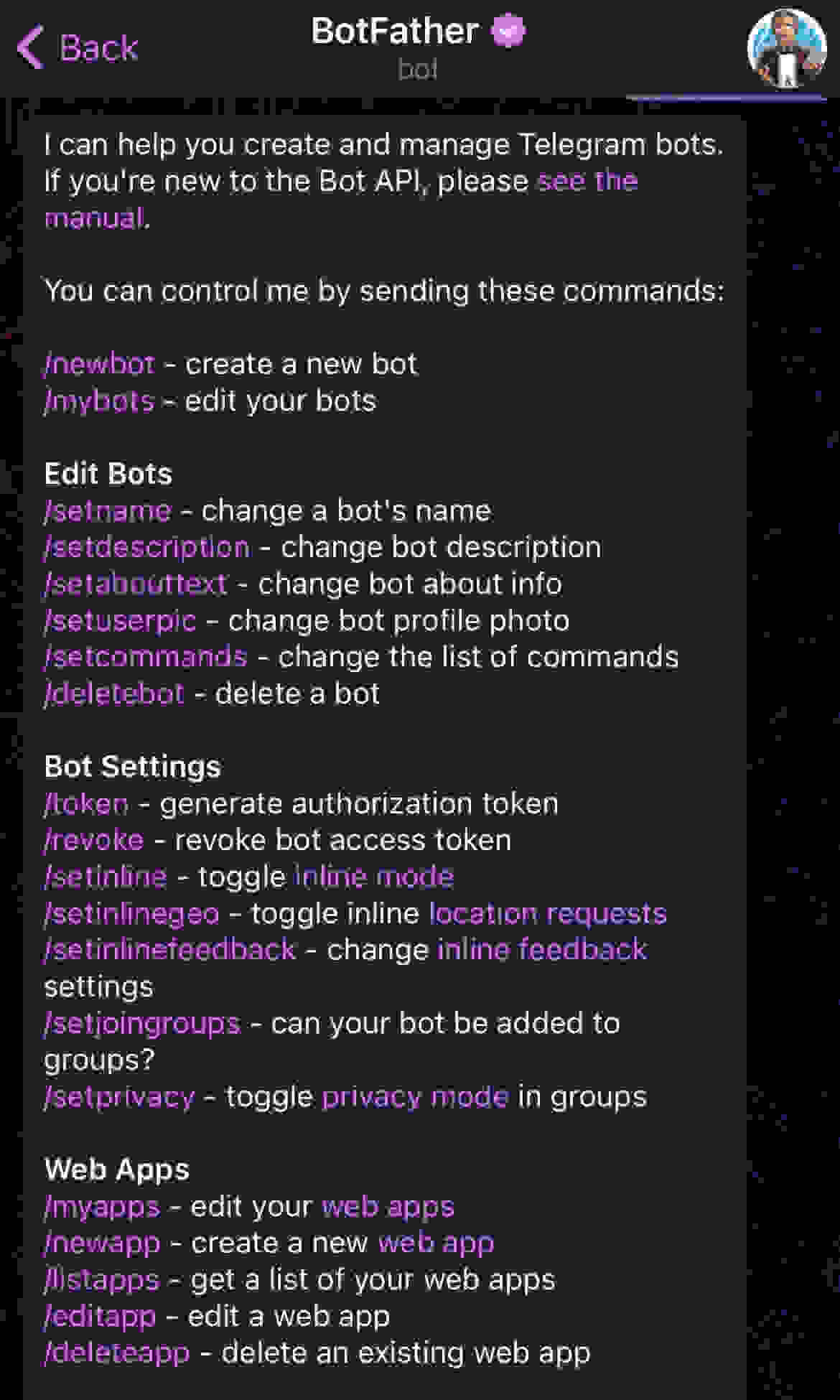 The bot allows the execution of various operations, and we're interested in creating our own bot. Click on the first available command, which is /newbot.