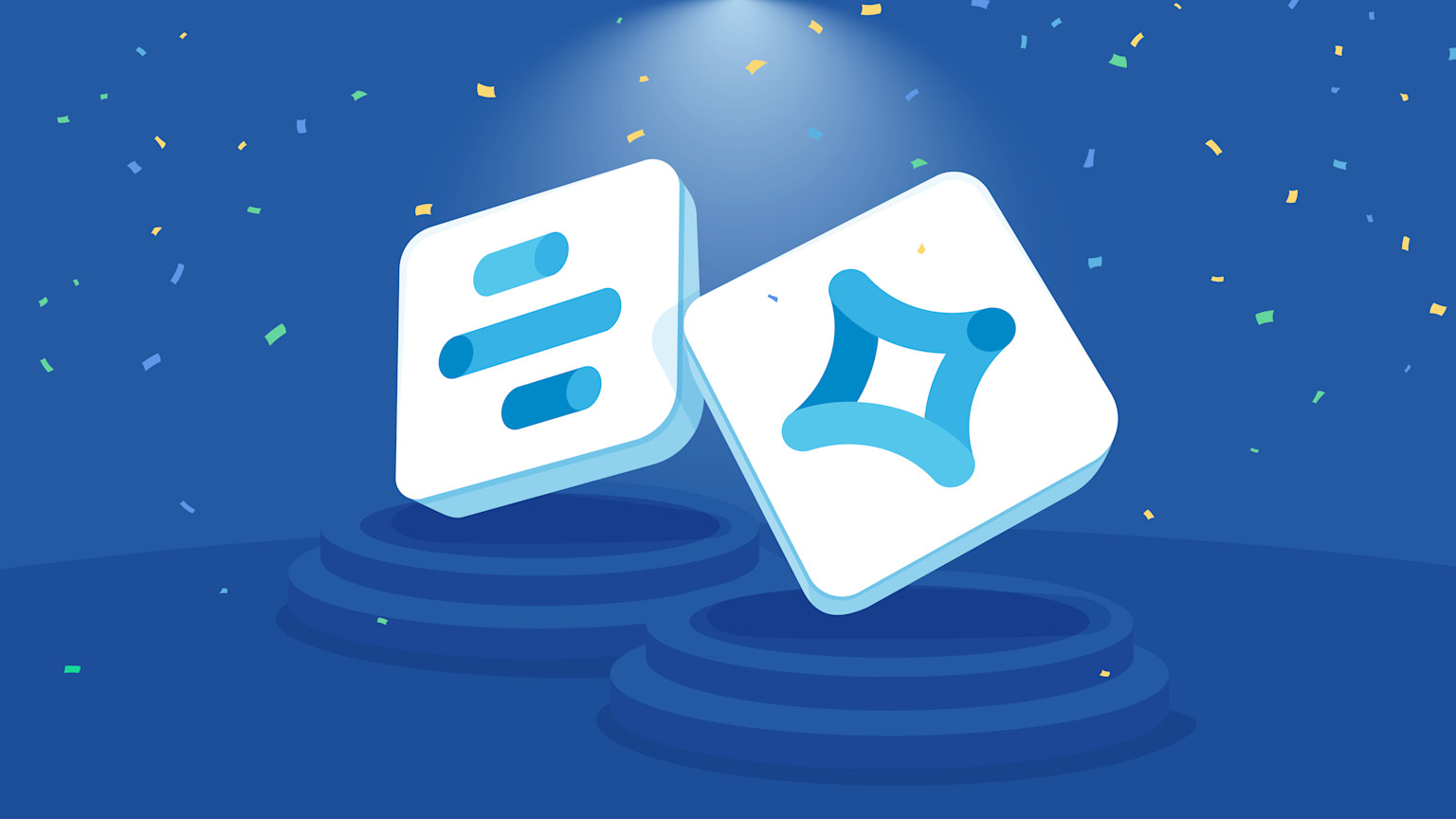 Illustration of Compose and Launch app logos under the limelight, surrounded by confetti 