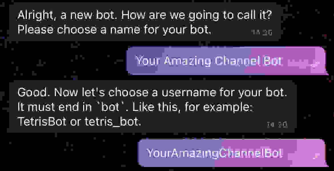 You will be asked to enter a name and a username for your bot: