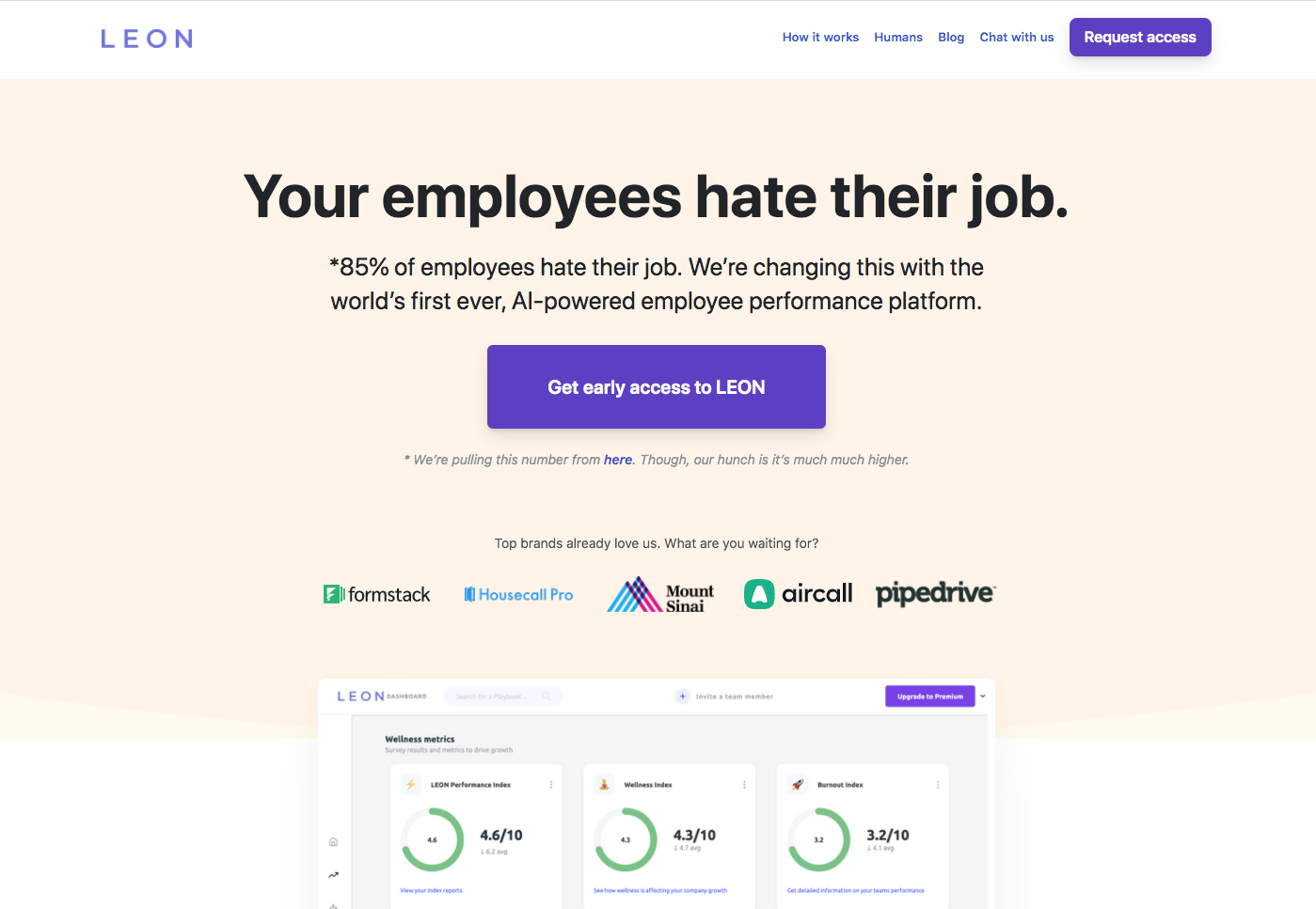 Screenshot of Leon's homepage that reads "Your employees hate their job" in big, bold letters.