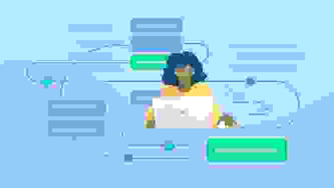 An illustration of a person working on a laptop, surrounded by a depiction of an agile workflow.