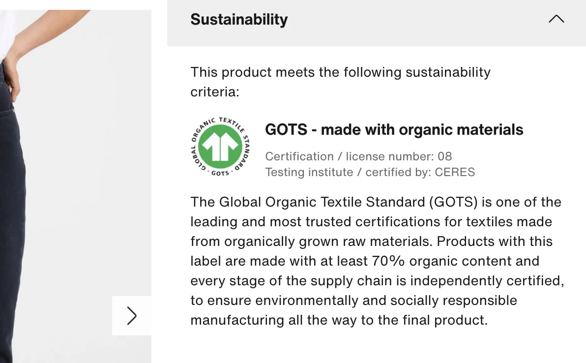 A Sustainability Certificate on a Product Landing Page