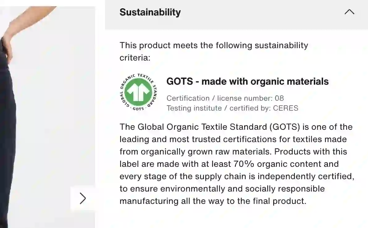 A Sustainability Certificate on a Product Landing Page
