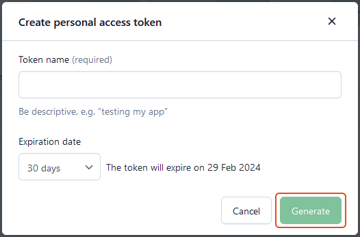 Screenshot of the “Create personal access token” box with the “Generate” button highlighted.
