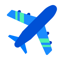 Graphic of an airplane, blue and green stripes on the wings
