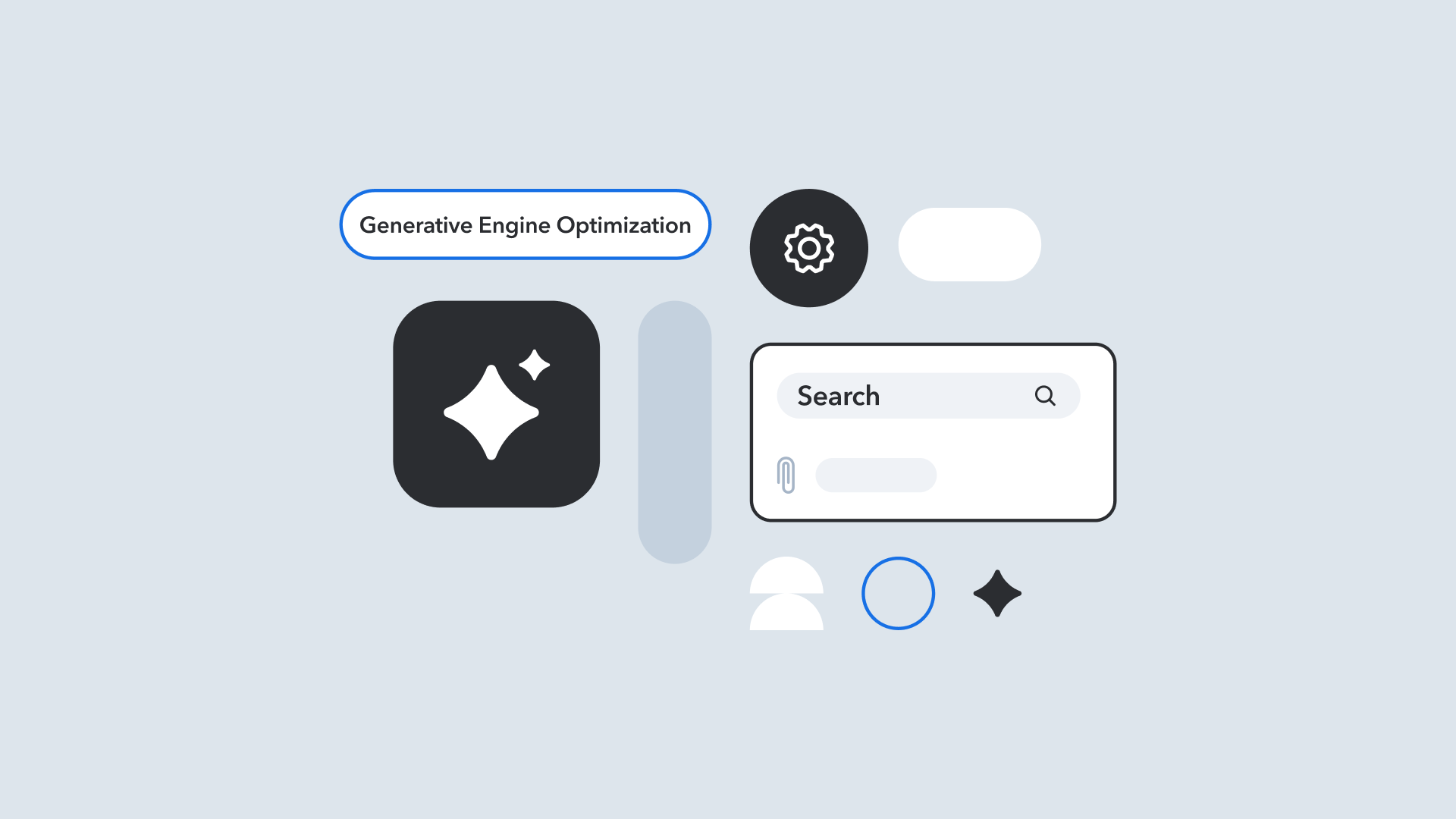 Minimalist interface design showing search bar, gear icon, and text "Generative Engine Optimization" against light blue background