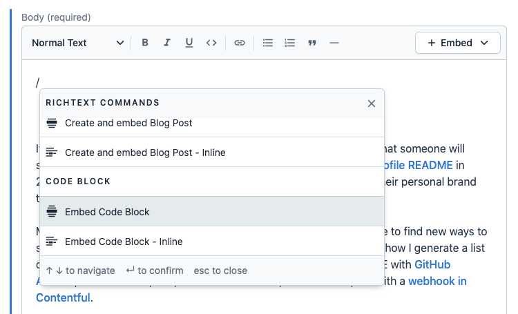 A screenshot of the Rich Text field in Contentful, showing the slash commands menu appear after pressing the forward slash key.