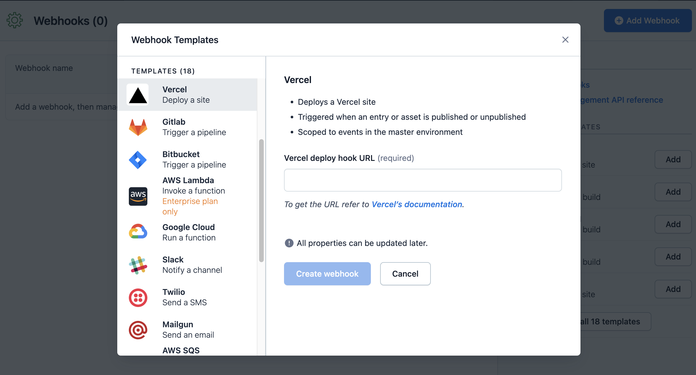 To add a webhook, go to settings in the Contentful web app and simply select “Add Webhook,” or you can use the Vercel template which we can do because this project is already deployed there.