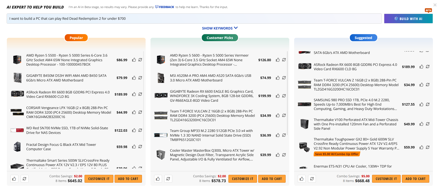 The results of a query to NewEgg's AI-powered custom PC builder.