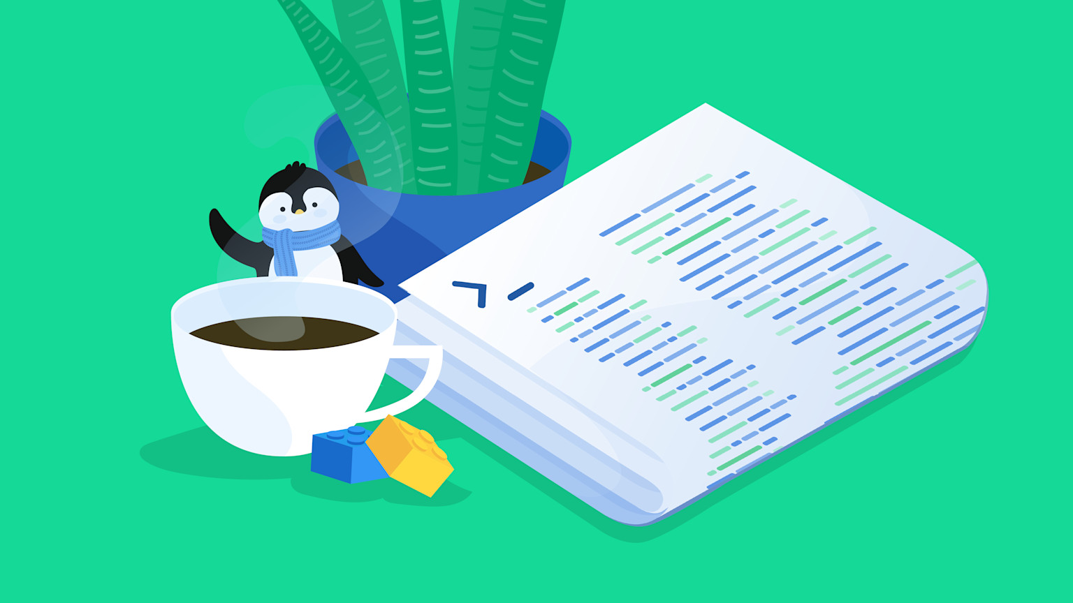 An illustration with a newspaper, a potted ZZ plant and a coffee cup. A tiny penguin with a scarf is waving at you from behind the cup.
