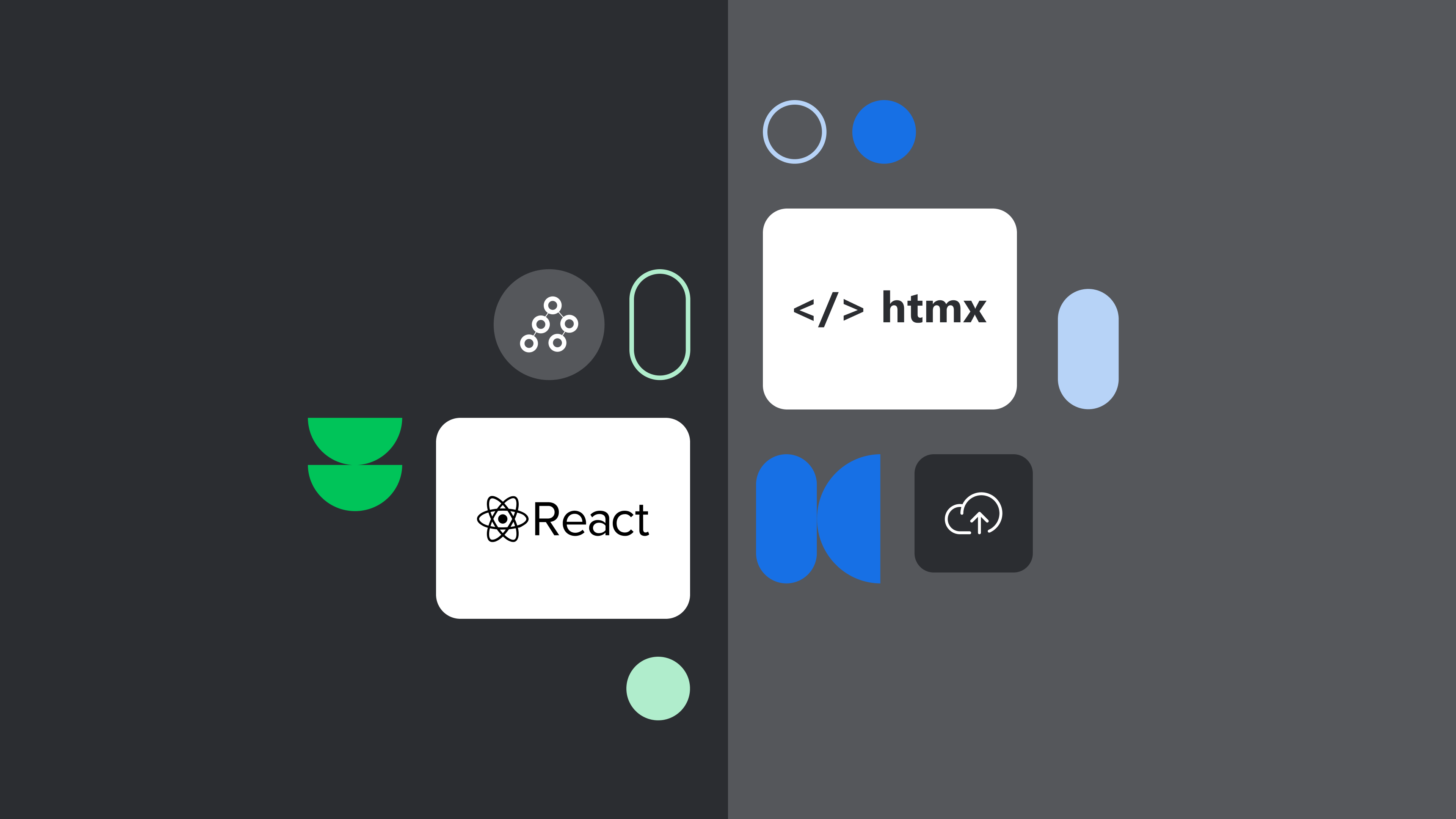 Icons and logo's representing HTMX vs React