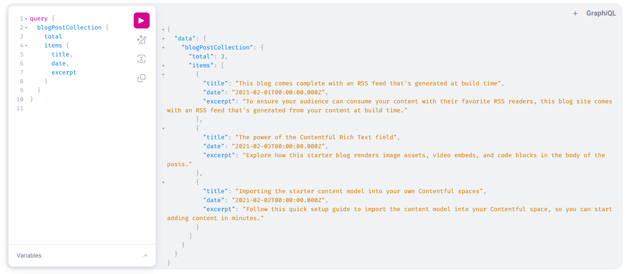 Screenshot of Contentful GraphQL explorer