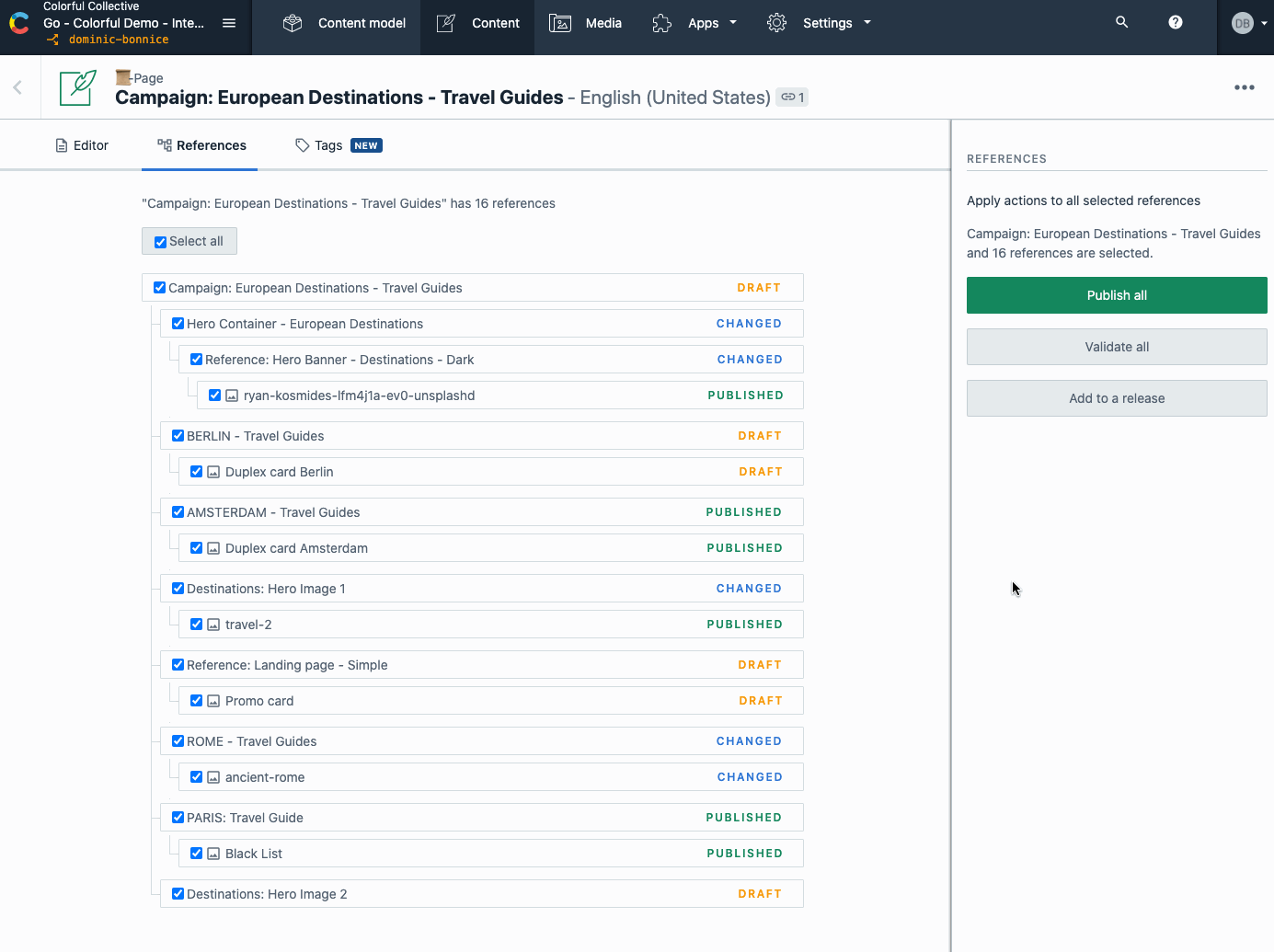 Gif depicting the Contentful reference view slide in screen to manage content elements