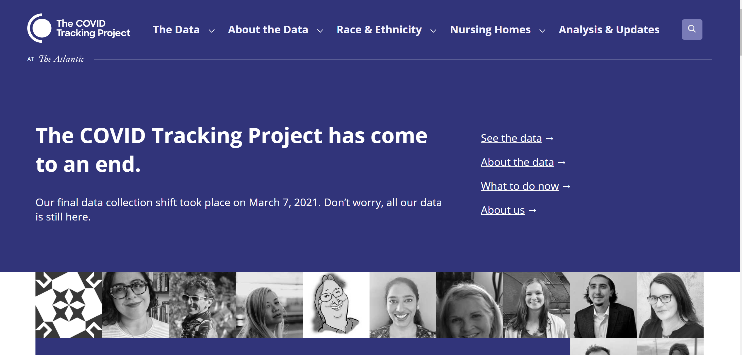 Screenshot of Covid Tracking Project homepage