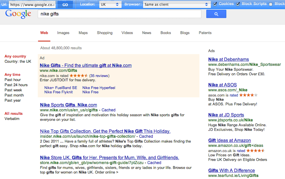 Here’s a screenshot of Google.co.uk search results from 2013 for “Nike gifts” with two U.S. English pages outranking the UK English page: