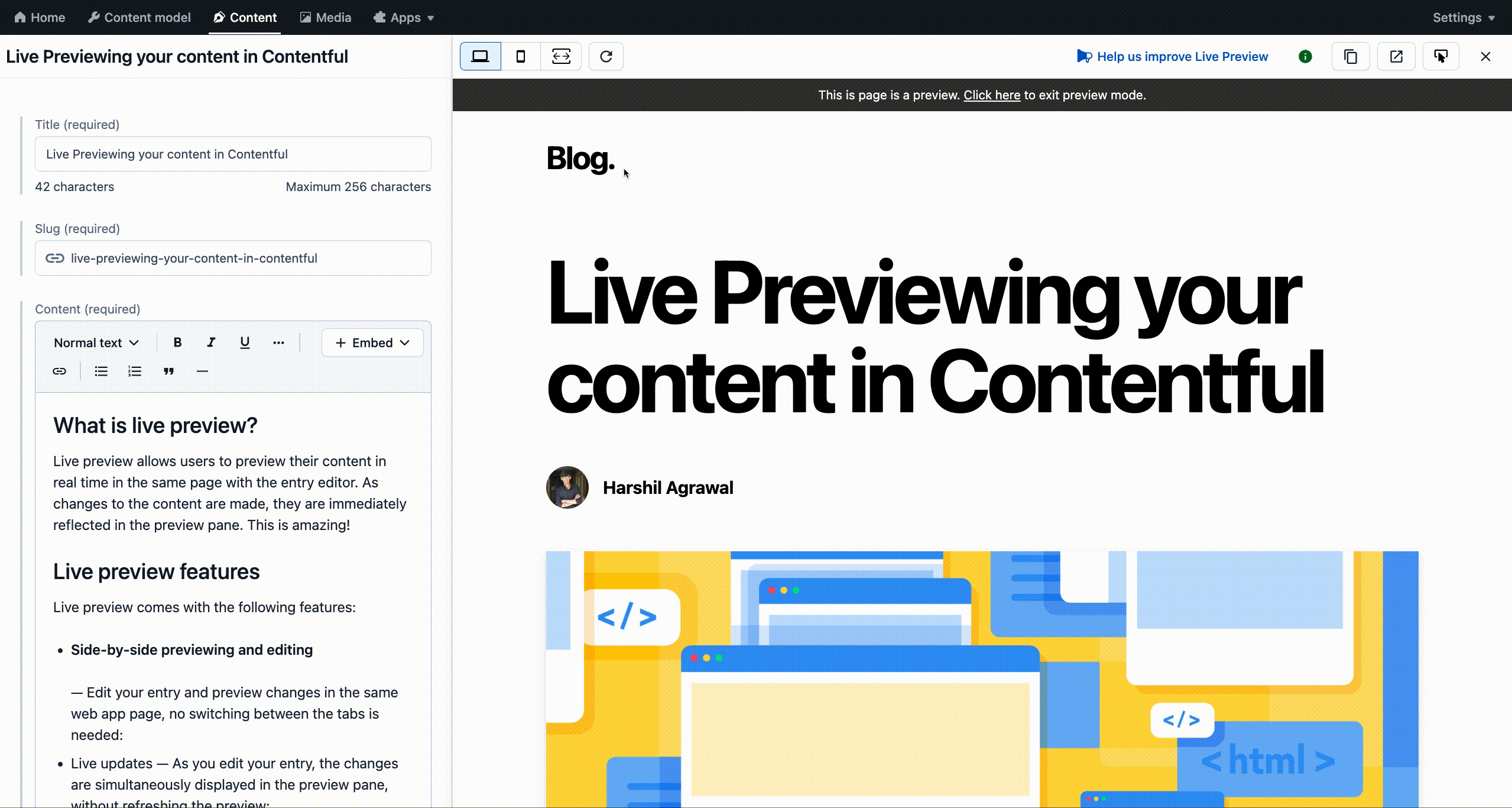 Animation showing live preview in action in Contentful.