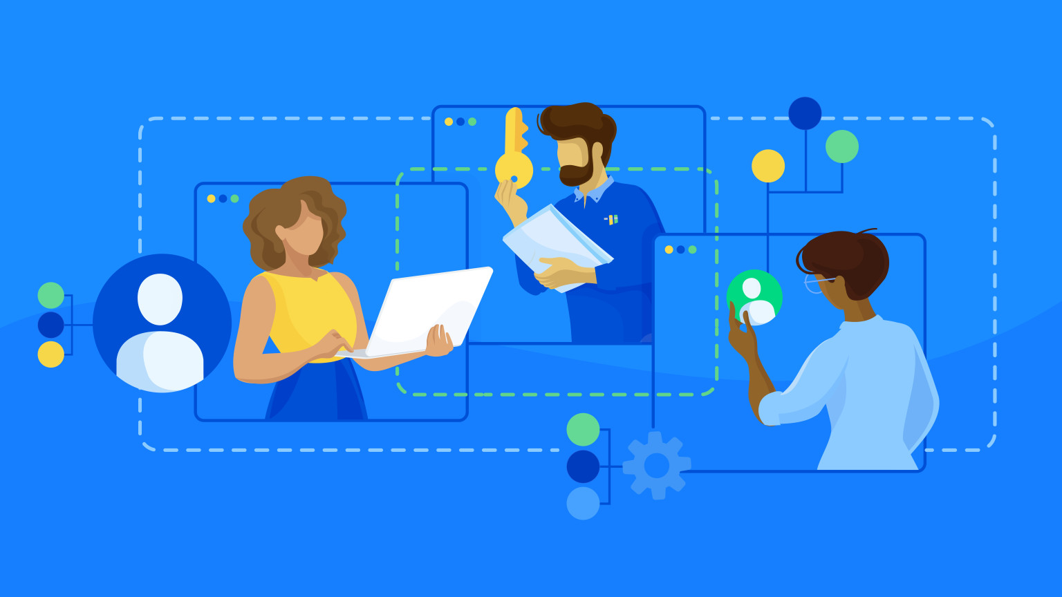 Illustrated graphic of people working within borders, representing environments governance in Contentful