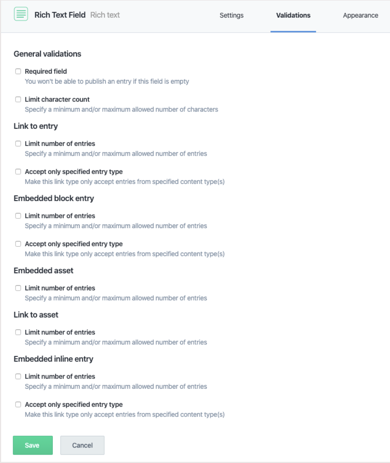 Screenshot of the Contentful rich text field validations tab