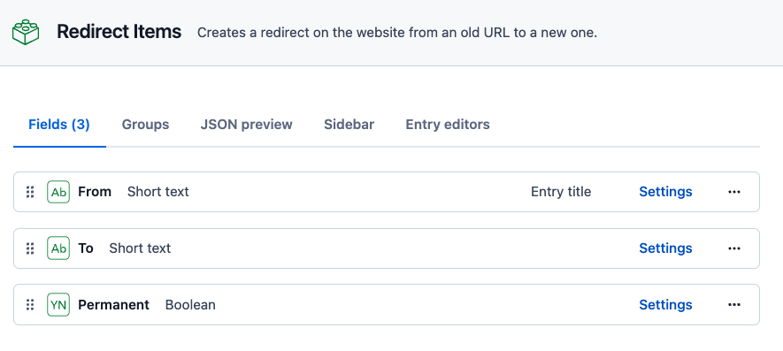 Example Contentful UI screenshot of URL redirect content model