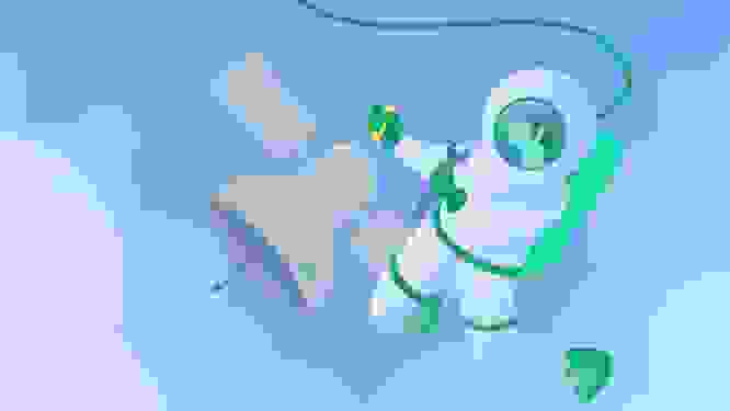 Space person floating near a satellite. 