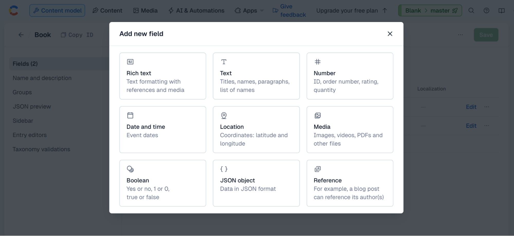 Next, add a Media type field named bookCover to the Book model