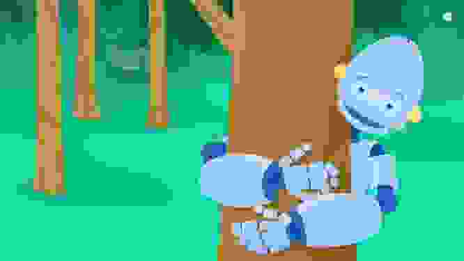 Image of a robot hugging a tree with a cute deer in the background. 