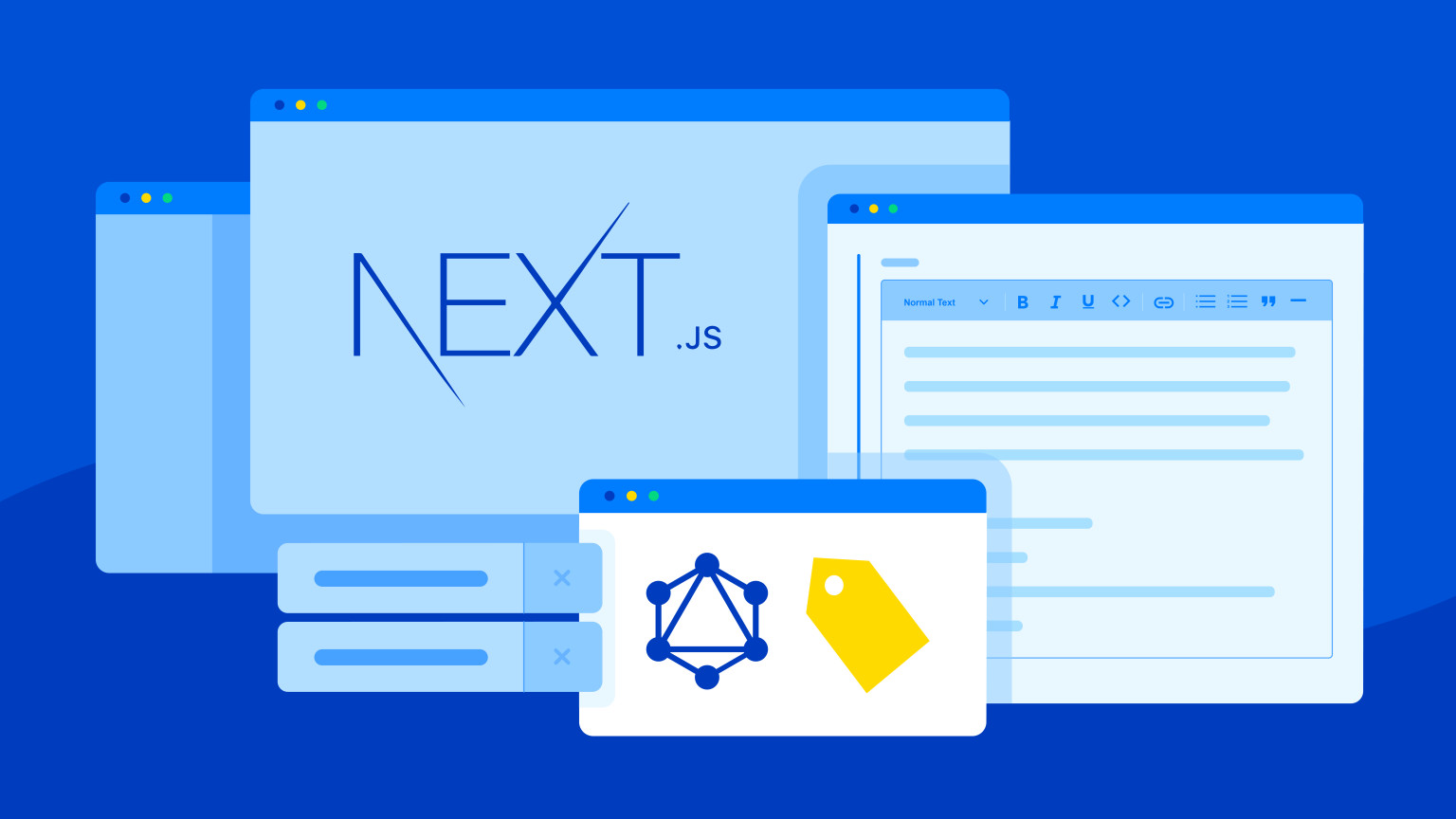 Illustration of desktop windows with next.js, graphql and tag functionality logos open.