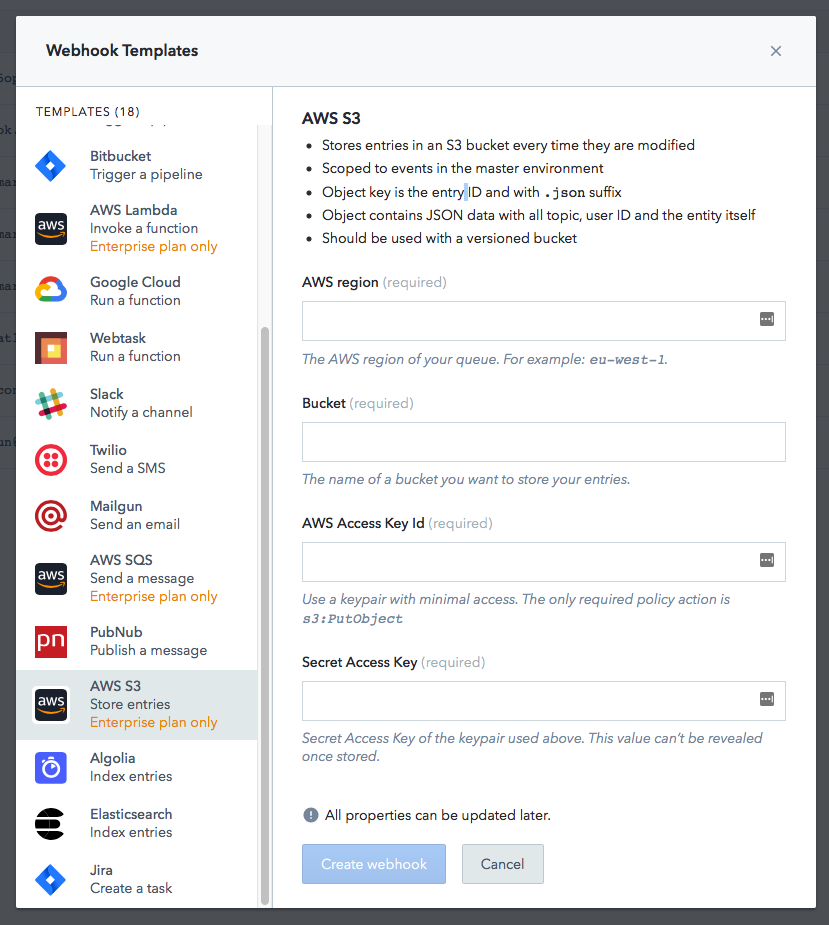 AWS S3 webhook config screen