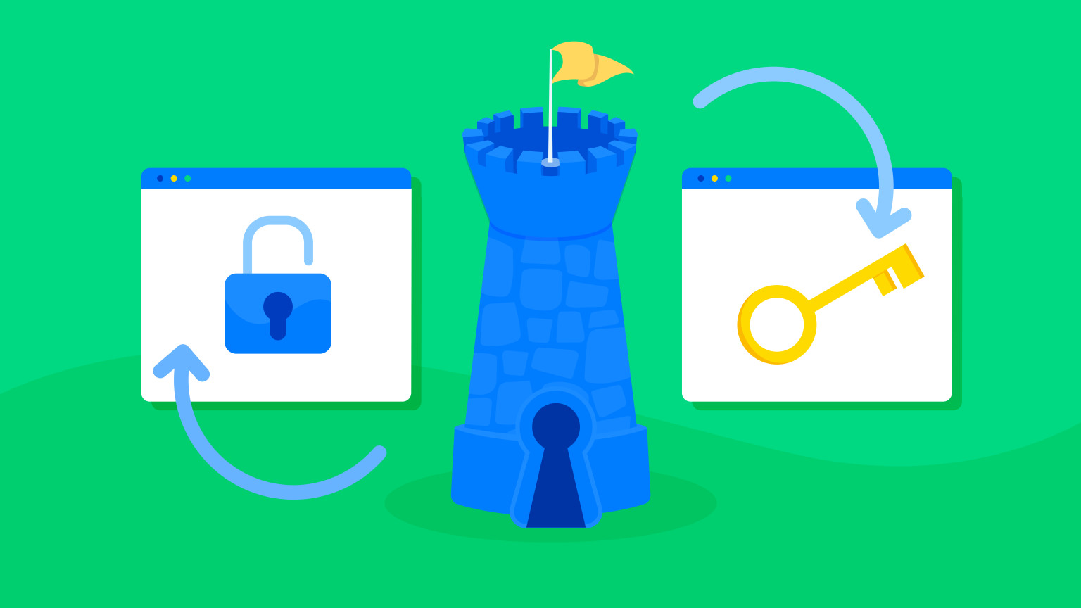 Illustrated graphic of a tower with a key and a lock on each side, signifying content governance