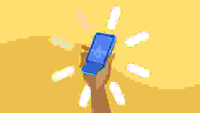 Illustration of a person holding a phone, displaying a vitals line representing core web vitals, against a yellow background