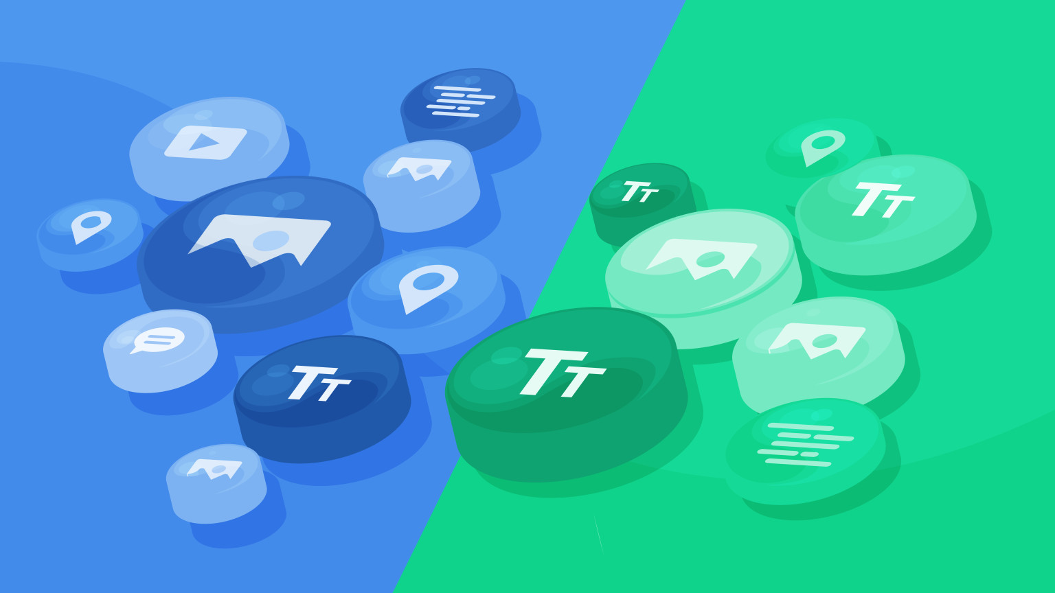 An illustrations in two colors - blue and green - of buttons with different internet/software associated icons lying on a two-color surface.