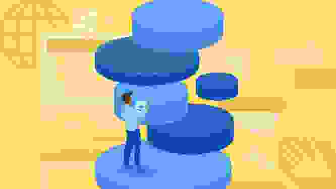 An illustration of a person, standing on a platform, looking at modular platforms that represent a composable DXP