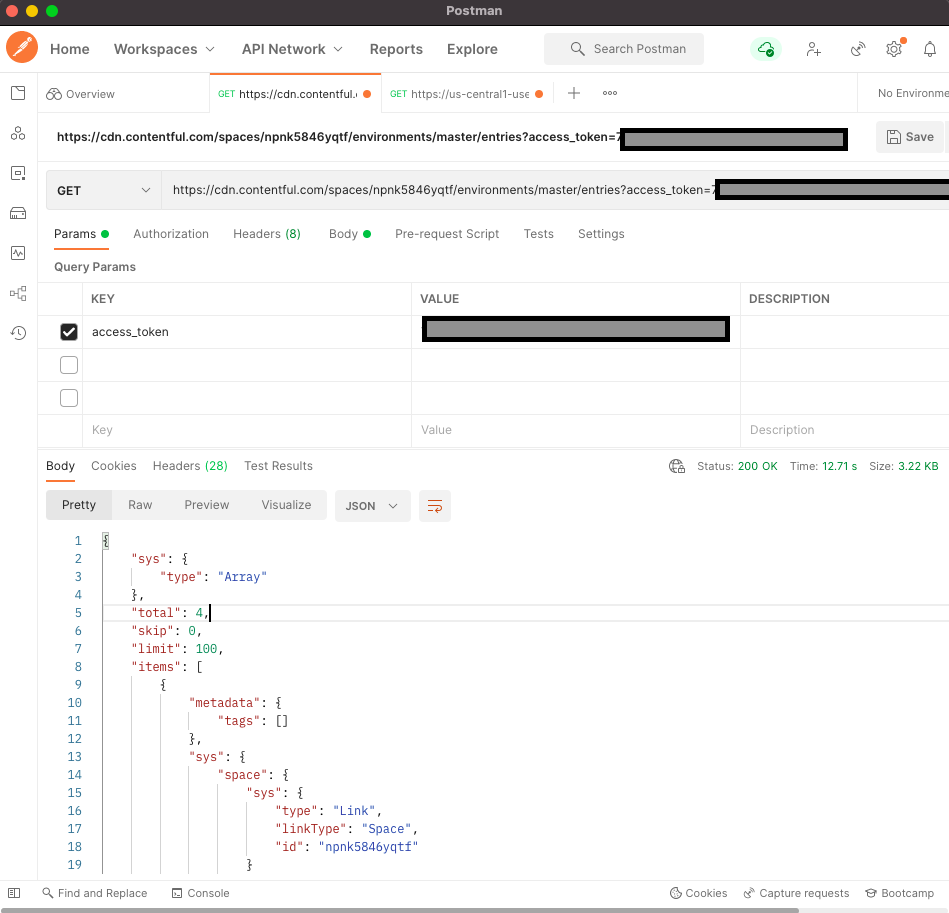 Add the correct endpoint on Postman, and it will return all our field entries.
