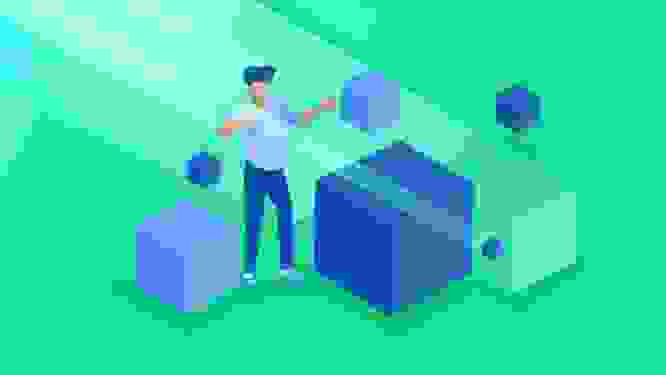 An illustration of a person manipulating cubes representing UI extensions.